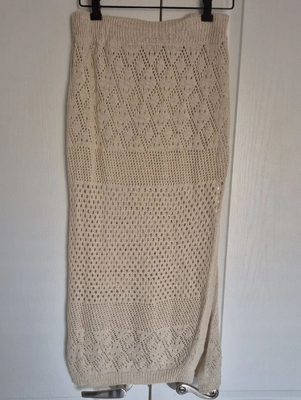 Beige Open-Knit Midi Skirt with Side Slit